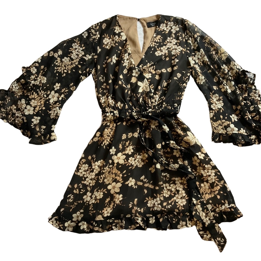 VICI Floral Mini Dress Women Small Black Tan Ruffle Bell Sleeve FD5614